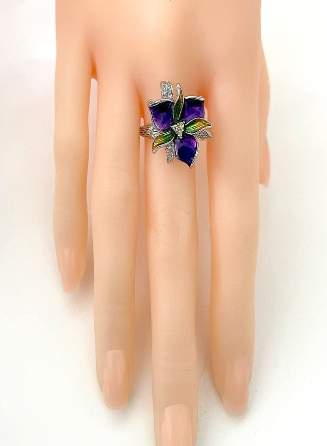 HAIXIAN Silver Blooming Purple Flower Enamel Ring,Thick Platinum Plated Colorfull Resin Floral Statement Ring,Cocktail Party Flower Ring Jewelry Gift for Women Her (Ring_A, 9) - Image 5